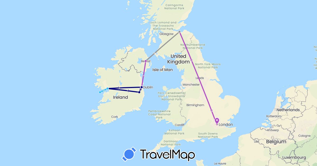TravelMap itinerary: driving, plane, train, boat in United Kingdom, Ireland (Europe)